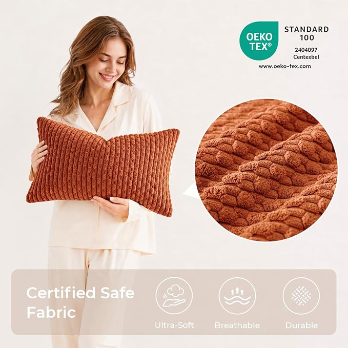 Kevin Textile Soft Corduroy 12"x24" Lumbar Pillow Cover 1 Pack, Rust | Fall Boho Stripe Plush Corduroy Decorative Oblong Cushion Cover Modern Farmhouse Home Decor for Sofa Couch Bed Chair
