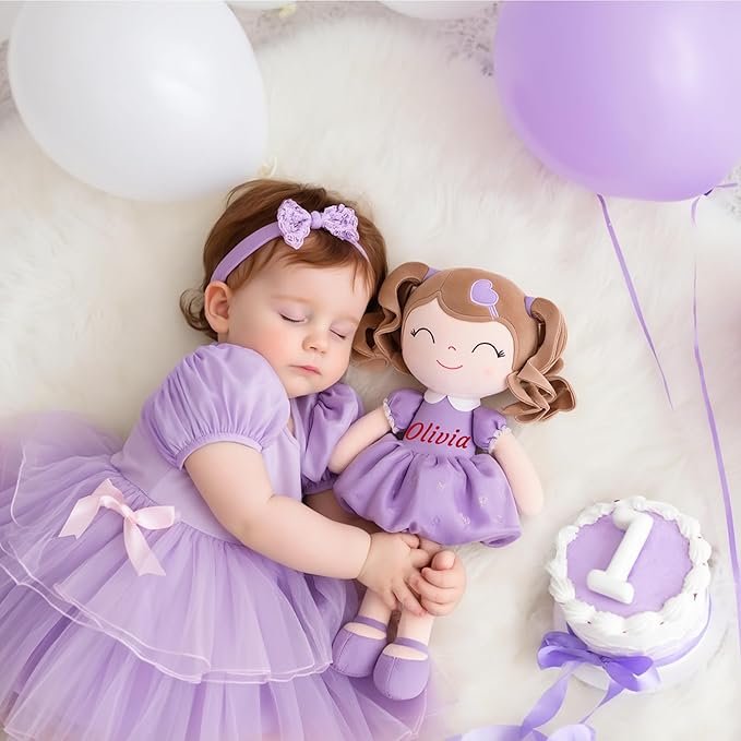 Gloveleya Personalized Baby Doll – Custom Name Plush Doll with Curly Hair & Purple Heart Dress | Unique Birthday for Girls, Toddlers & Kids | Soft Huggable Keepsake Toy