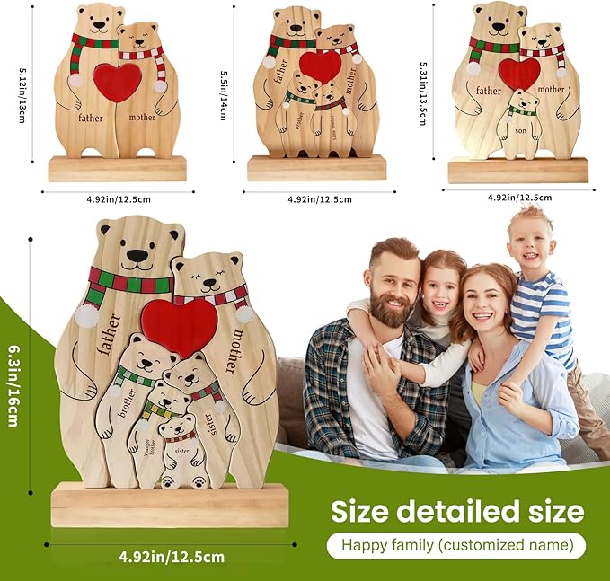 Personalized Wooden Bear Family Puzzle with 2-6 Names - Custom Bear with Scarf Art Figurine for Mom Grandma - Cute Christmas Winter Home Decor Gift for Housewarming Birthday