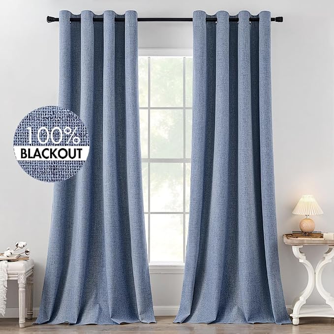 MIULEE Linen Texture Curtains for Bedroom Solid 100% Blackout Thermal Insulated Stone Blue Curtains Grommet Room Darkening Curtains/Draperies for Living Room 52x120 Inch (2 Panels)