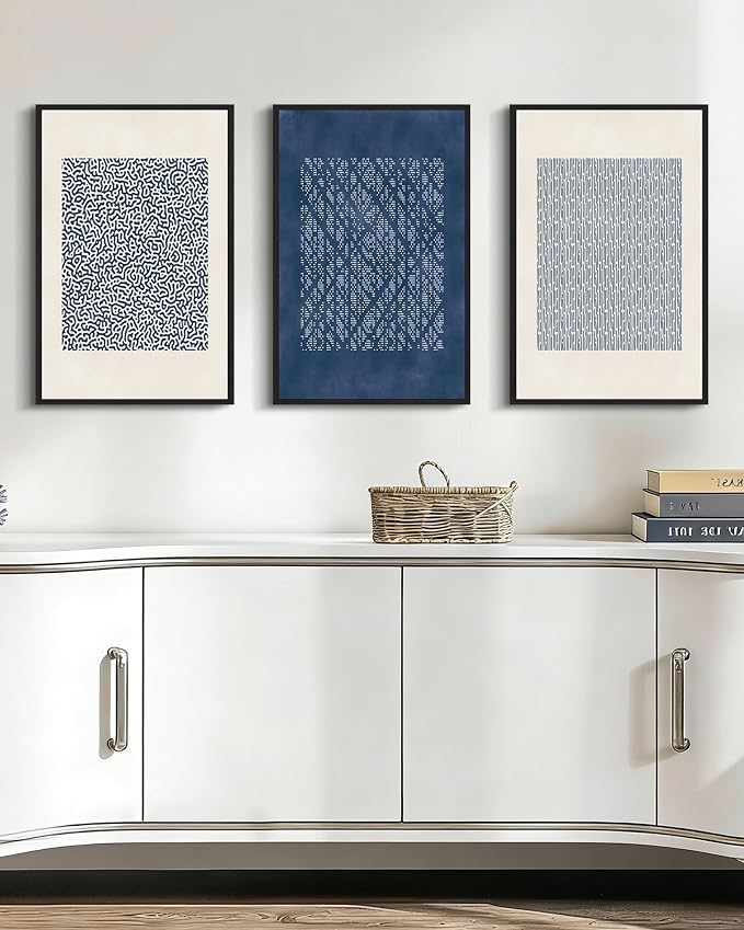 Drsoum Blue Mid-Century Modern Framed Wall Art Large 16x24in Minimalist Abstract Boho Wall Decor Geometric Artwork Kitchen Dining Room Black Framed