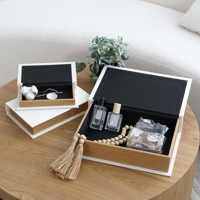 Decorative Book Boxes Set of 3,Modern Faux Linen Hidden Storage, Off White | For Coffee Table – Stackable Fake Books for Shelf Decor, Remote Control & Jewelry Organizer
