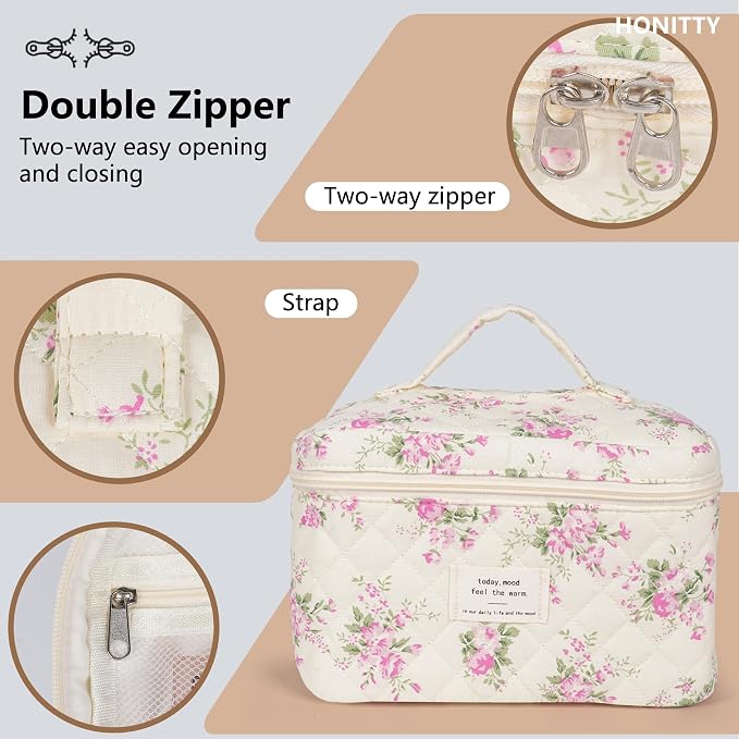 honitty Makeup Bag,Quilted Cosmetic Bags,Large Floral Make Up Organize bag,Makeup Bag Set for Women,Flower Travel Toiletry Bag