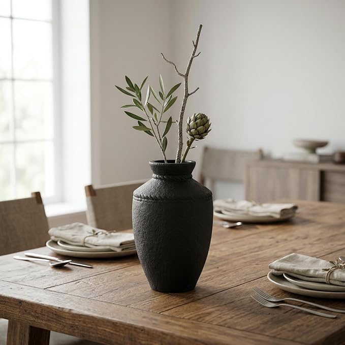 Black Rustic Ceramic Vase - 10 Inch Large Pottery Flower Vases for Home Decor Farmhouse Minimalist Vase for Living Room Centerpiece for Fireplace Entryway Shelf Kitchen Decor