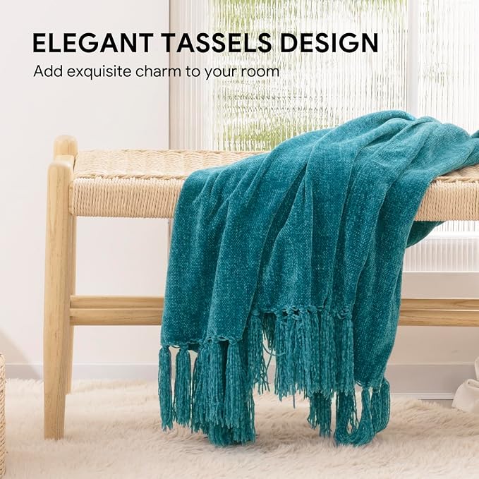 RECYCO Chenille Throw Blanket for Couch, 60"x80", Teal | Super Soft Knit Throw Blanket with Fringe Tassels, Lightweight Knitted Throw, Cozy, Ideal for Sofa Chair Bed Living Room Gift