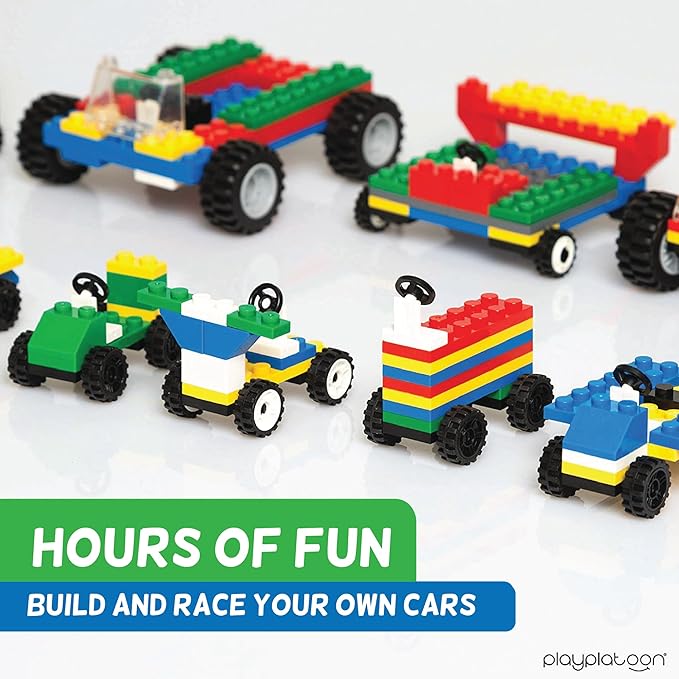 Play Platoon 400 Piece Wheels and Axles Sets, Building Bricks Car Parts & Pieces Kit - Car Building Set with Wheels, Axles & Windshields and Bonus Bricks