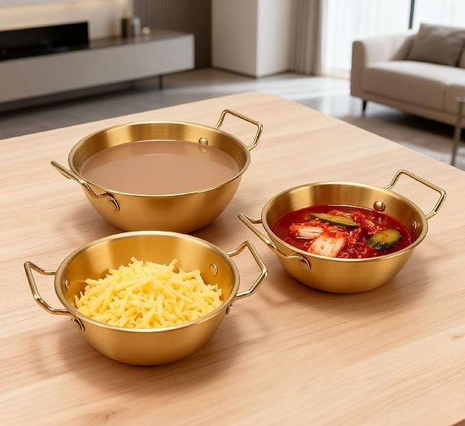 3Pcs Stainless Steel Sauce Dishes with Handles, Korean Golden Dipping Bowls | Small Metal Dipping Bowl, Korean Ramen Bowl, Mini Soup Bowl Stackable Appetizer Plates for Sushi BBQ Appetizer Seasoning