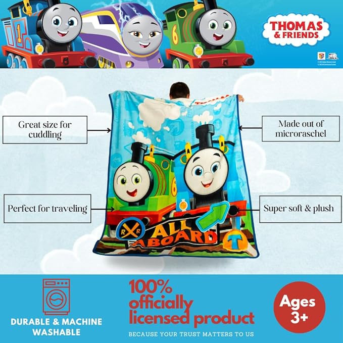 Thomas and Friends Kids Bedding Super Soft Micro Raschel Throw, 46 in x 60 in, (Official Licensed Product) by Franco
