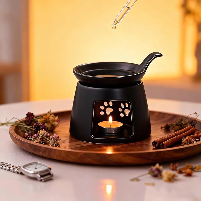 Black Ceramic Essential Oil Burner for Scented Oil,Tealight Wax Melt Warmer,Candle Diffuser,Tea Light Holder,Wax Melt Burner,Yoga Aromatherapy Fragrance Diffuser for Living Room,Bedroom,Office,4*5 IN