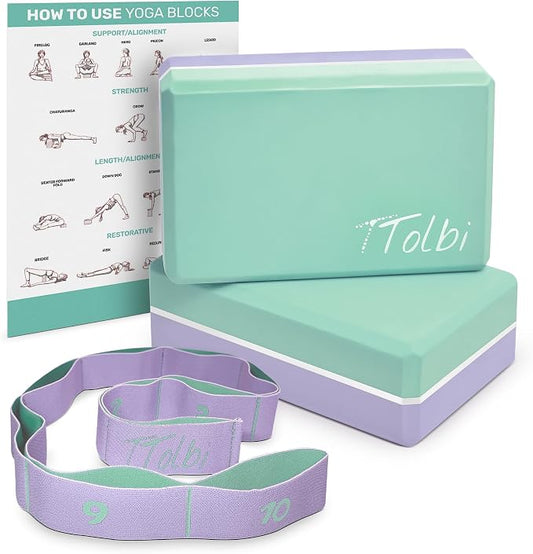 Yoga Blocks 2 Pack with Strap & Guide – Non-Slip EVA Foam Pilates Blocks for Home Workouts, Dance, Ballet, Gymnastics & Stretching Exercise | Ideal Dancer Gifts