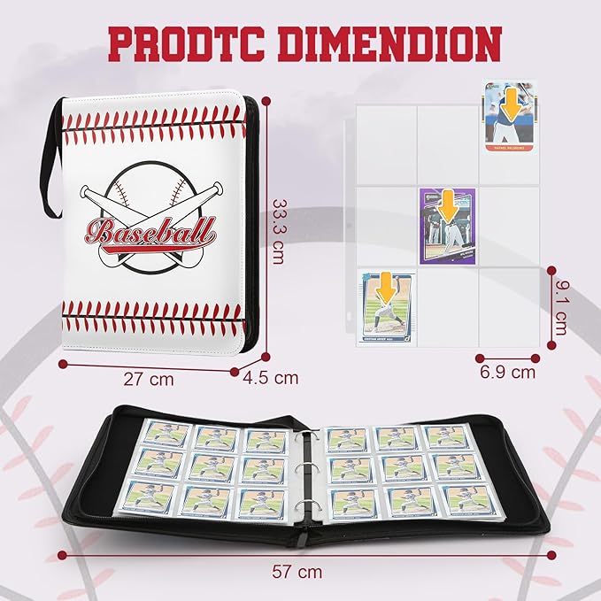 Trading Card Binder with Sleeves 9 Pocket Premium 720 Double Sided Pocket PU Card Collection Binder, Collectible Albums Card Folder for MTG, TCG, Sports Cards（9-White baseball）