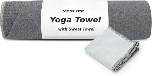 YESLIFE Non-Slip Extra Thick Hot Yoga Towel with One Sweat Towel, Microfiber Sweat Absorbent Yoga Mat Towel with Grip Dot, Pilates Mat, 72" x 24", Grey