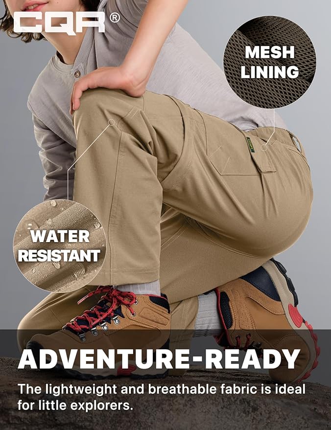 CQR Kids Youth Hiking Cargo Pants, UPF 50+ Quick Dry Convertible Zip Off Pants, Outdoor Camping Pants