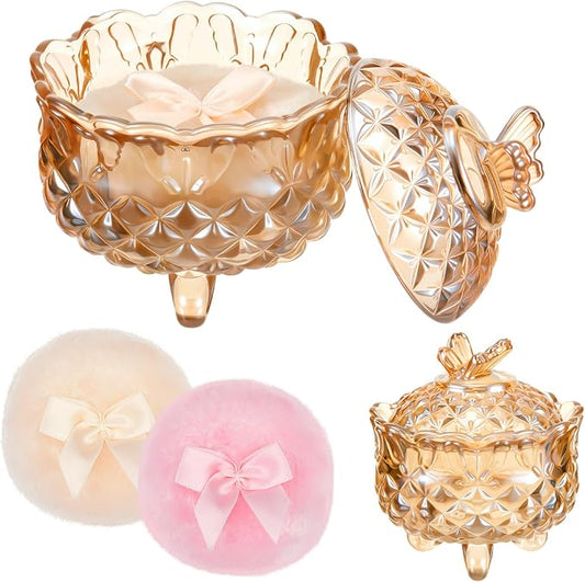Tioncy 3 Pcs Large Body Powder Puff and Container Valentine's Day gift Powder Container with Puff Crystal Case Soft Washable Reusable Velour Face Body Glitter Wet Dry Makeup(Butterfly,Amber)