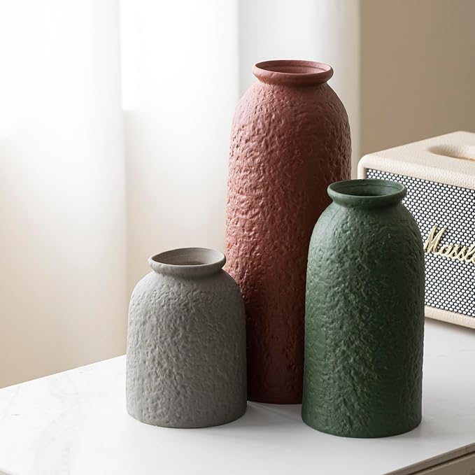 Large Decorative Ceramic Vase Set, 3 Pieces, Nordic Modern Boho Style, Earthtone Color Mix, Modern Farmhouse for Home Decor (XL Red Texture Mix)