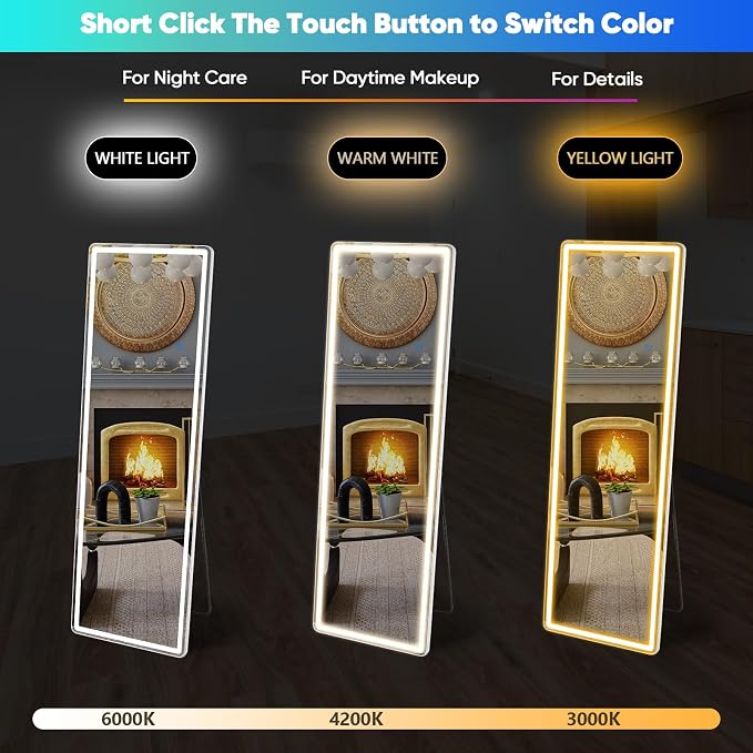 DUMOS LED Mirror Full Length with Stand, 20"x63" Full Body Wall Mirror | LED Lights 3 Color Lighting and Shatterproof Tempered Glass, Wall Hanging or Leaning, Floor Standing, Modern Home Decor