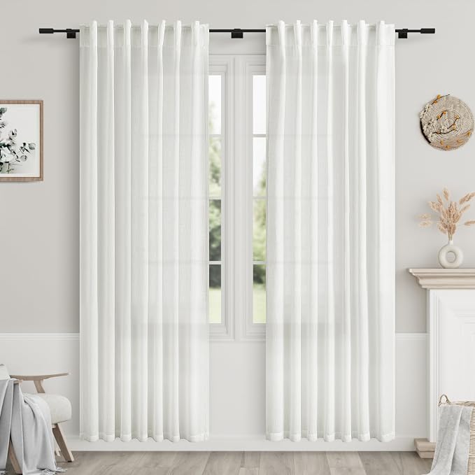 Off White Linen Curtains 80 inches Long for Bedroom Back Tab Light Filtering Privacy Sheer White Curtains Modern Farmhouse Coastal Decor White Cotton Textured Gauze Curtain 2 Panel Set 52x80