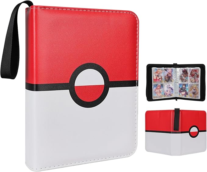 Collectible Trading Card Albums,4 Pocket Card Binder, 400 Double Sided Pocket,PU Premium Zip Trading Card Binder for TCG, MTG,Sports Cards (Red White)