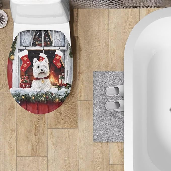 Christmas Toilet Seat Cover-Yorkshire Terrier Bathroom Decoration Accessories -Elastic Edges Toilet Lid Cover forRv,Machine Washable Bathroom Decor Xmas
