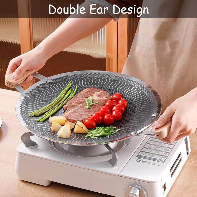 Korean BBQ Grill Pan Nonstick Round Griddle Pan Portable Stainless Steel Skillet Pan with Handle Dinner Server Pan,13.4inch