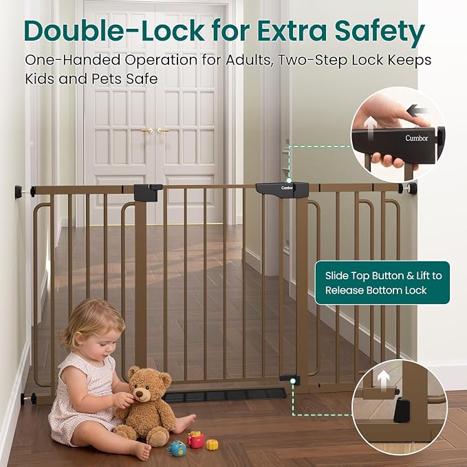Cumbor 30.4-56.8" Extra Wide Baby Gate for Stairs, Dual Lock & Self-Closing Dog Gate Indoor, Easy Install Pet Gate for Doorways & Wide Openings, Easy Walk Thru Safety Proofing for Babies & Pets, Brown