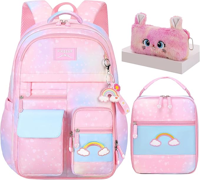 3Pcs Kids Backpack For Girls,Cute Rainbow Student School Backpack With Lunch Bag Pen Bag Set (Pink Medium 16.5in