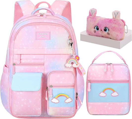 3Pcs Kids Backpack For Girls,Cute Rainbow Student School Backpack With Lunch Bag Pen Bag Set (Pink Medium 16.5in