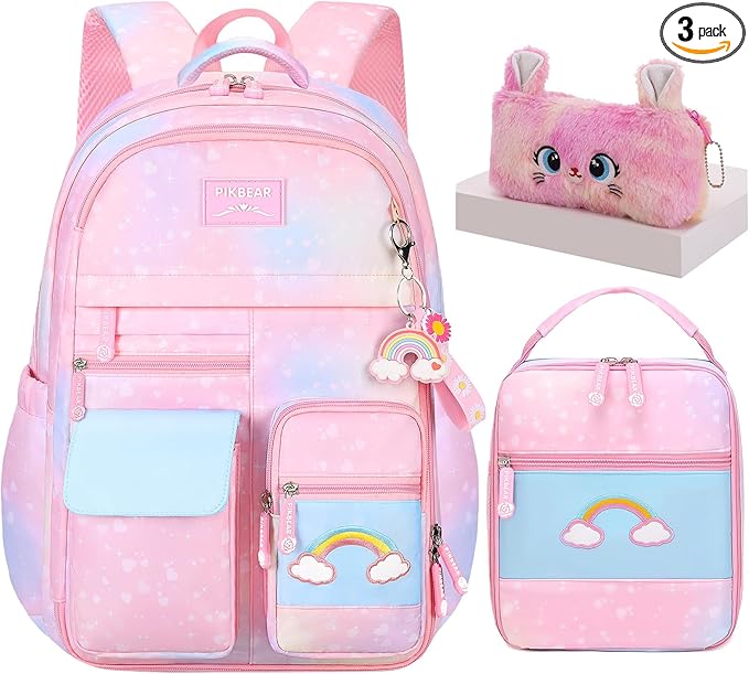 3Pcs Kids Backpack For Girls,Cute Rainbow Student School Backpack With Lunch Bag Pen Bag Set (Pink Large 17.5in