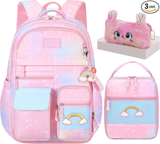 3Pcs Kids Backpack For Girls,Cute Rainbow Student School Backpack With Lunch Bag Pen Bag Set (Pink Large 17.5in