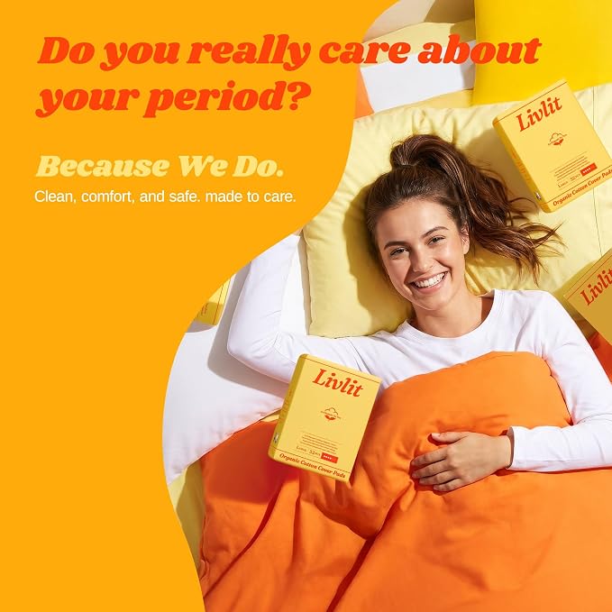 Livlit Large Size Ultra Thin Sanitary Pads, 100% Organic Cotton from Texas, Powerful Leak Protection, Unscented, Chlorine Free and Absorbency of Feminine Periods, Pads for Women (12 Count)