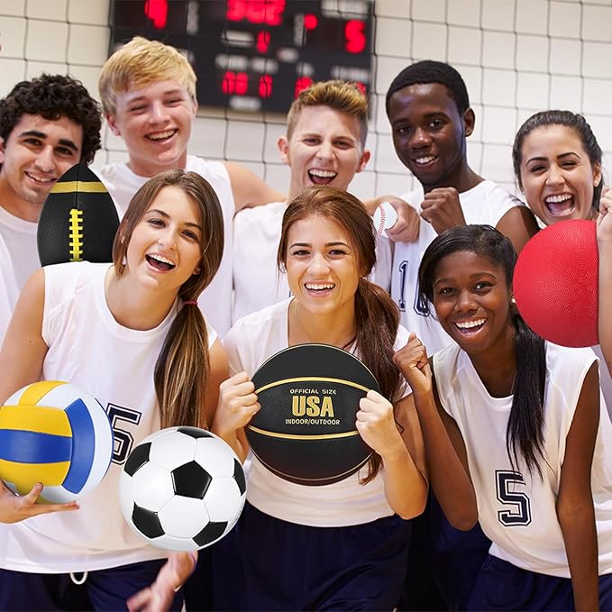 Libima 6 Pcs Multi Sport Ball Set Gift Official Size Football, Basketball, Soccer, Volleyball, Playground Ball, Baseball with Outdoor Sports Equipment Bag Pump for Christmas Holiday