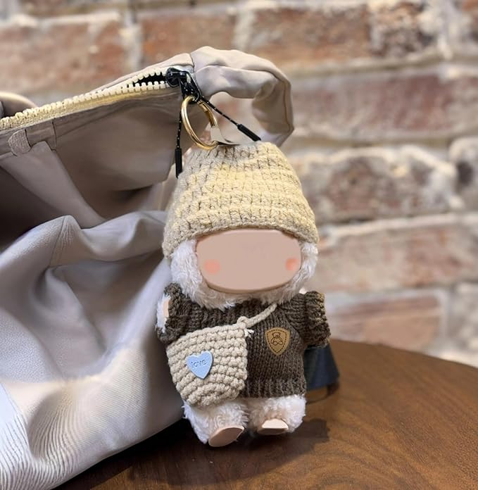 3-Piece Knit and Plush Doll Outfit Set for 17cm Collectibles - Handmade Crochet Set (Hat+Sweater+Bag) - No Doll Included
