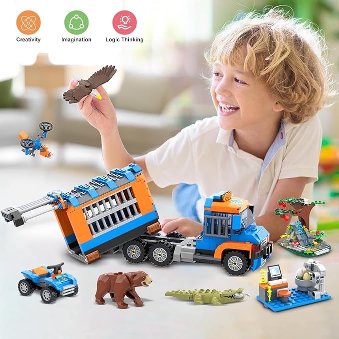 CUBIMANA City Jungle Adventurer Helicopter Building Toys - 1356PCS Forest Truck Adventure Building Set with Car Crocodile Brown Bear Wildlife Rescue Blocks Playset Easter Gift for Kids Boys 6+
