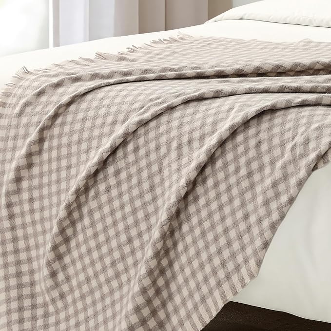 CREVENT Farmhouse Boho Knitted Throw Blanket for Couch Sofa Chair Bed Home Decoration, Soft Warm Cozy Light Weight for Spring Summer Fall (50''X60'' Plaid Tan)