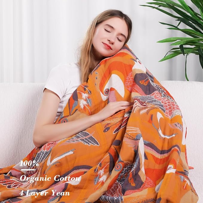 VANJOROY Boho Large Throw Blanket, 100% Organic Muslin Cotton Breathable Soft Bed Throw - Floral Bird Farmhouse Decor Blanket for Sofa Couch Chair Quilt and Gift. 80" x 90"- Colorful