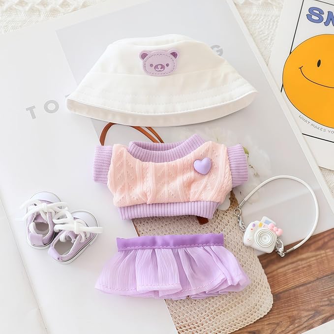 Clothes for Dolls Accessories, Stylish Kawaii Purple Outfit Set 5 Pieces Suitable for 15cm 17cm Doll , Doll Hat Clothing Set Replacement