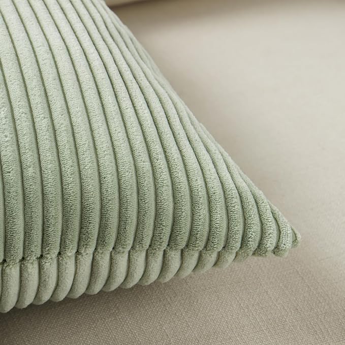 Fancy Homi 2 Packs Sage Green Lumbar Decorative Throw Pillow Covers 14x24 Inch for Couch Bed, Rustic Farmhouse Boho Home Decor, Soft Striped Corduroy Rectangle Accent Cushion Case 35x60 cm
