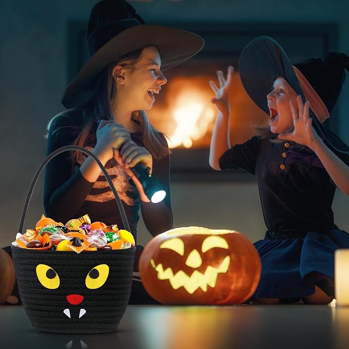 Halloween Trick or Treat Basket with Handle Cute Bucket Cotton Rope Woven Candy Bag Pumpkin Witch Cat Pig Storage Basket for Halloween Party Favor(black,Cat)