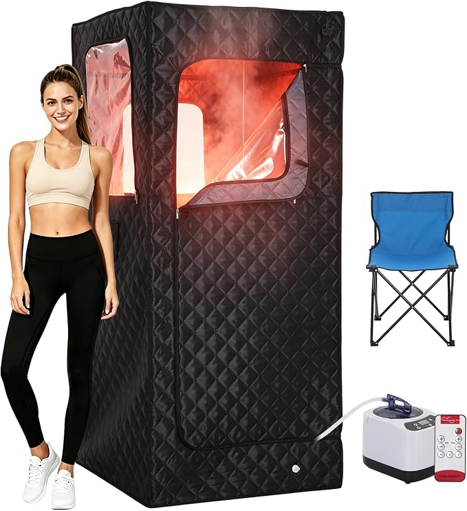 Garvee Infrared Sauna, Portable Sauna for Home with 3L 1200W Steamer, Folding Chair, Remote Control, 9 Temp Levels & 99 Min Timer, 32" x 32" x 71", Black