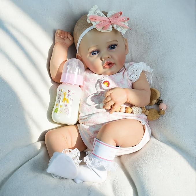 SCOM 18" Realistic Reborn Baby Girl Doll, Weighted Soft Cloth Body & Poseable Vinyl Limbs, Hand-Painted Details, Feeding Set, Lifelike Newborn Gift for Kids 3+ / Collectors