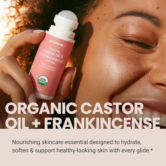 Organic Castor Oil + Frankincense Roll-On | USDA, Cold-Pressed, Hexane Free, Vegan Castor Oil with Frankincense Essential Oil | Body Massage Oil for Aromatherapy & Lymphatic Massage, 3 oz, by M3