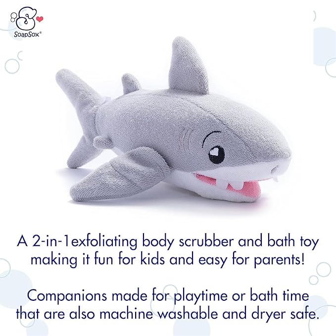 SoapSox Kids Exfoliating Bath Scrub (Tank the Shark) - Soft Animal Toy Wash Cloth Sponge with Soap Pocket Insert - Fun Loofah Characters for Babies, Kids and Children