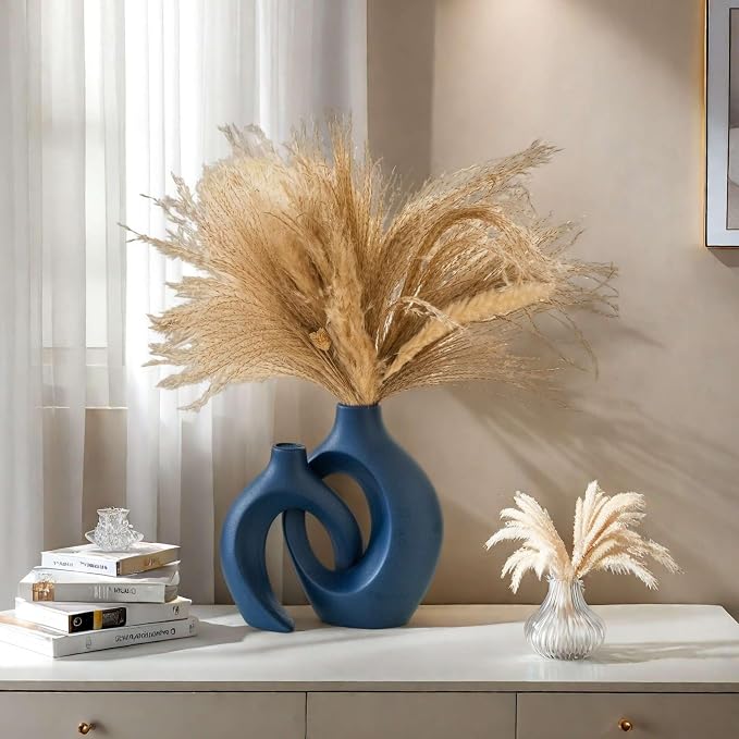 Lvases Snuggle Hollow Ceramic Flower Vase of 2, Minimalist Nordic Boho Vase | 8.4" Matte Navy Blue Home Decor Vase for Modern Aesthetic Ins Style Living Room Coffee Table Centerpieces Pampas Grass Dec