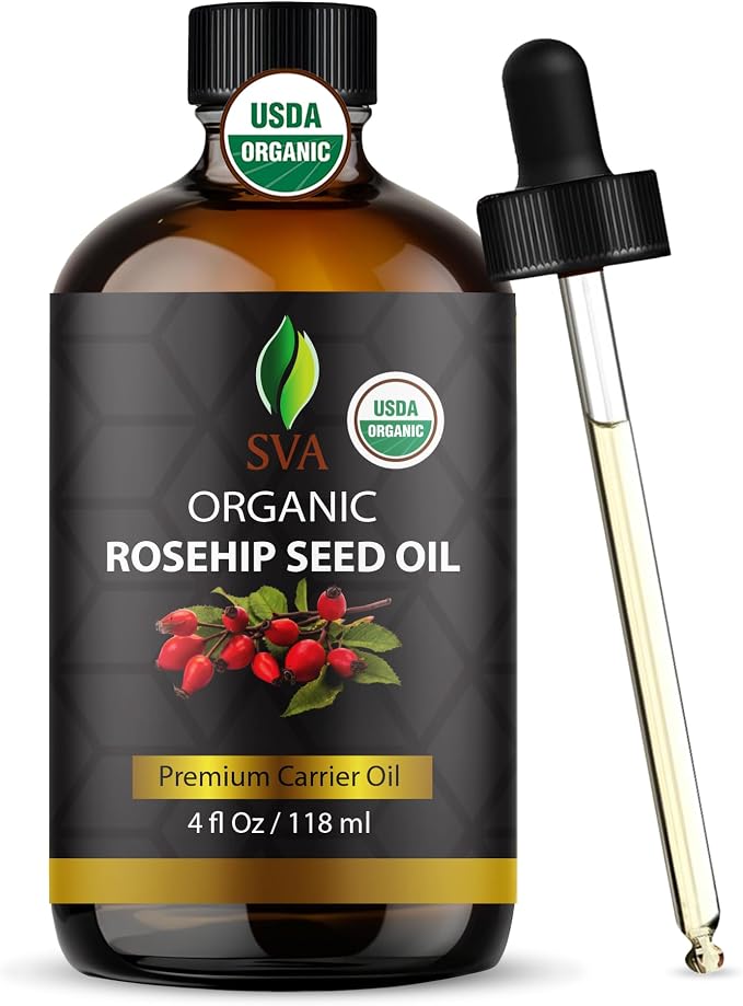 SVA Rosehip Seed Oil Organic - 4 Fl Oz – 100% Natural Cold Pressed Organic Rosehip Oil - for Face, Skin Care, Hair Care, Scalp Massage & Body Massage – Carrier Oil with Dropper