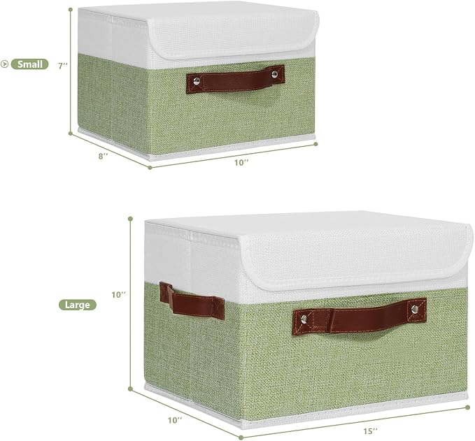 ANMINY Fabric Storage Box Bins with Lids, Green White, 10"x8"x7" | Keepsake Memory Storage, Cotton Linen, PP Board Reinforced, Washable, PU Handles, Foldable & Stackable, Decorative, Small