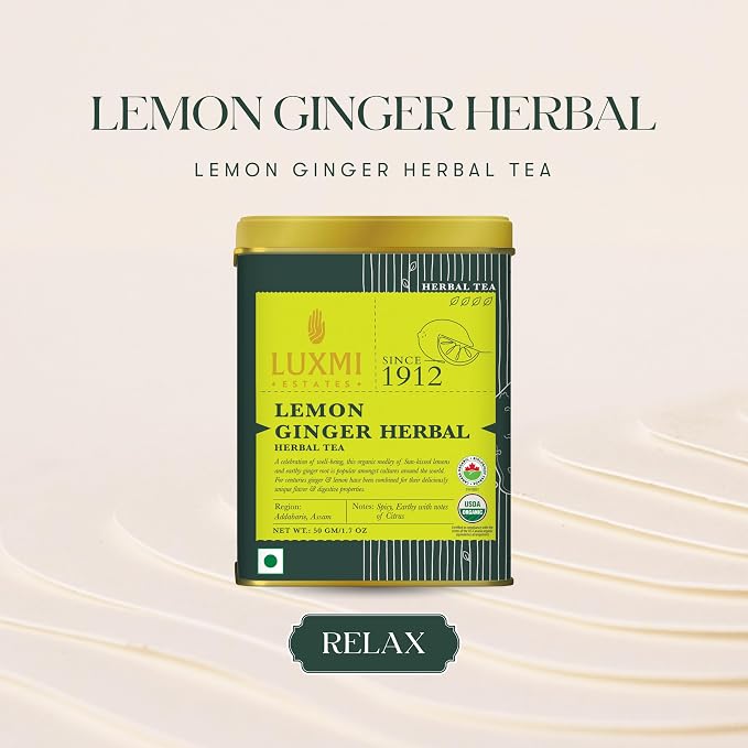 Luxmi Estates Lemon Ginger Tea, Organic Loose Leaf, 50g (1.76oz, 25 Cups), USDA Organic Herbal Infusion with Lemon Peel, Ginger Root, Lemongrass & Cinnamon - Caffeine-Free, Naturally Sweet, Resealable Tin