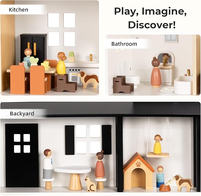 OOOK Wooden Dollhouse, Modern Doll House with Garage and 60Pcs Luxurious Furniture Accessories, Including Dolls and Pet Sets, Wood Dollhouse Toy for Boys and Girls 3+