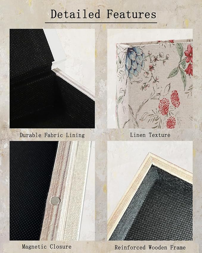Decorative Wooden Book Box - Vintage Faux Book Boxes for Home Decor, Secret Storage with Magnetic Closure, Antique Style, Floral Linen Cover, Perfect for Home Office Bookshelf, 10x7x1.6 Inches