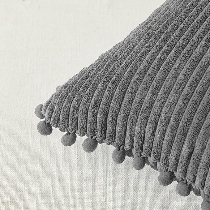 Fancy Homi Dark Gray Decorative Throw Pillow Covers 18x18 Inch with Pom poms, Boho Farmhouse Home Decor, Soft Corduroy Accent Square Cushion Case for Living Room Couch Bed Sofa 45x45 cm