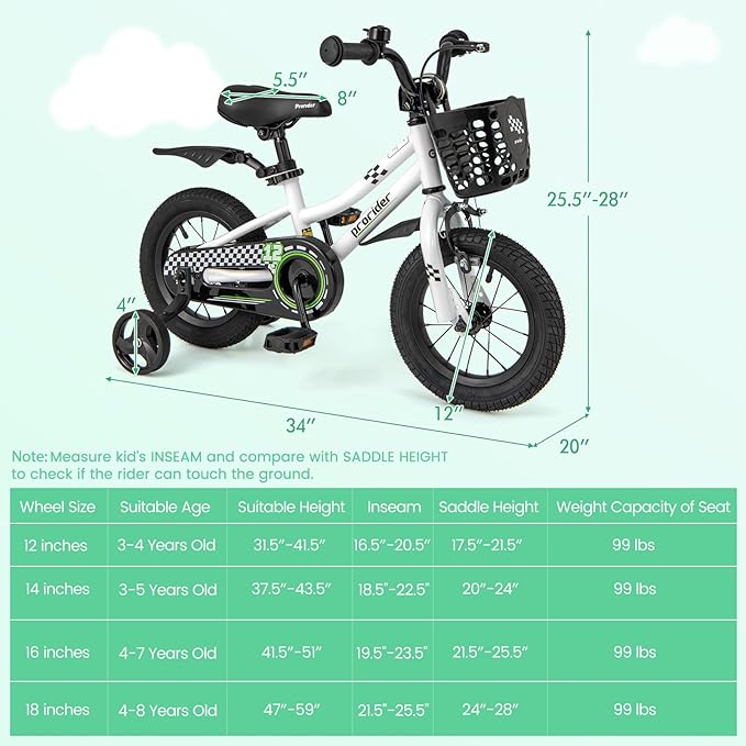 BABY JOY Kids Bike, 12 14 16 18 20 Inch Children Bikes for Boys Girls Teens 3-8 8+ Years w/Training Wheels or Kickstand, Handbrake, Coaster Brake & Removable Basket, Kids Bicycle of Multiple Colors